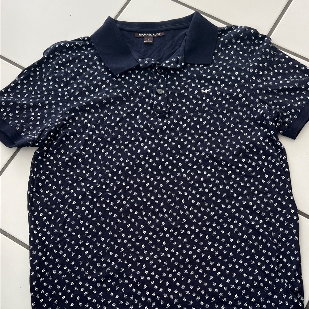 Michael Kors Navy Polo with White Micro Floral Print